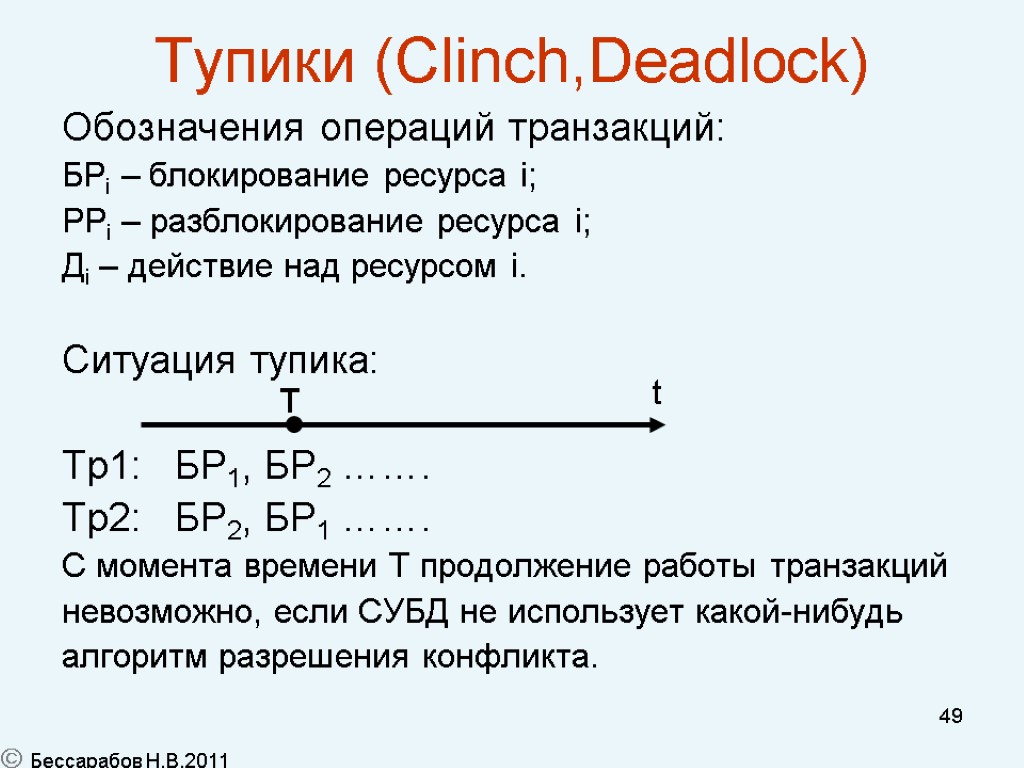 49 Тупики (Clinch,Deadlock) Обозначения операций транзакций: БРi – блокирование ресурса i; РРi – разблокирование